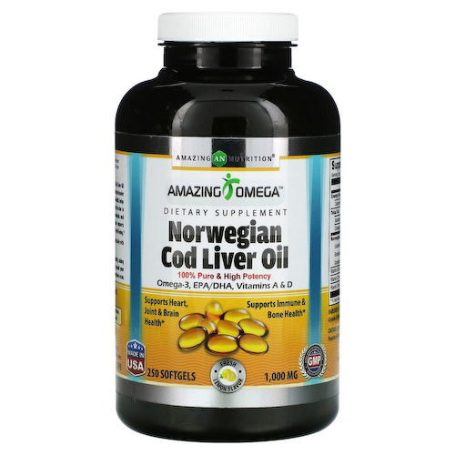Amazing Nutrition, Жир печени норвежской трески, лимон, 1000 мг, 250 мягких таблеток #1