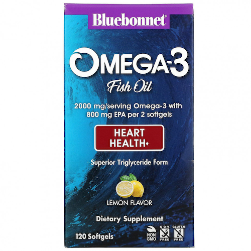 Bluebonnet Nutrition, омега-3 рыбий жир, для здоровья сердца, лимонный вкус, 120 капсул #1