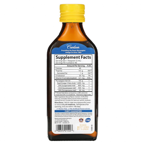 Carlson Labs, норвежская серия, самый лучший рыбий жир, с натуральным лимонным вкусом, 1600 мг, 200 мл (6,7 жидк. унции) #1