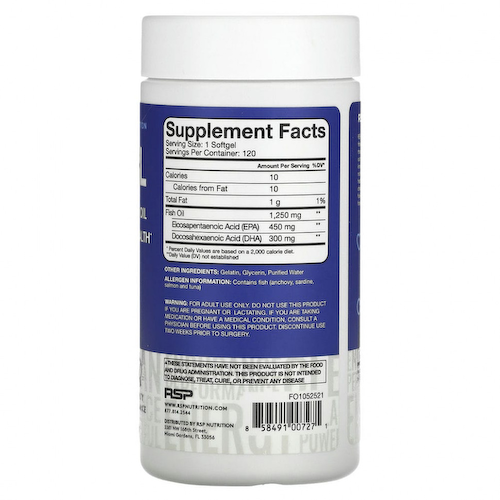 RSP Nutrition, рыбий жир, 1250 мг омега-3, 120 мягких таблеток #1