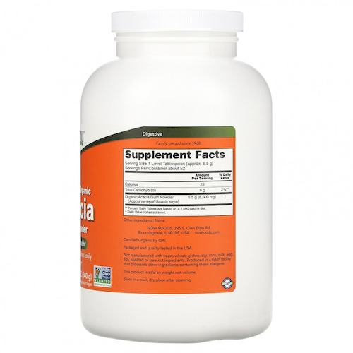 NOW Foods, Сертифицированный органический порошок, клетчатка акации, 12 унций (340 г) #1