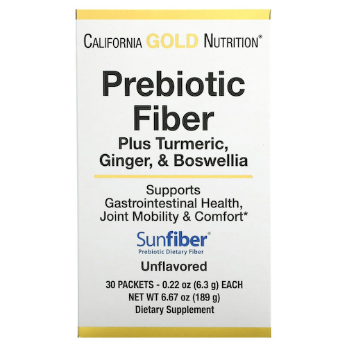 California Gold Nutrition, пребиотическая клетчатка с куркумой, имбирем и босвеллией, 30 пакетиков по 6,3 г (0,22 унции) каждый #1