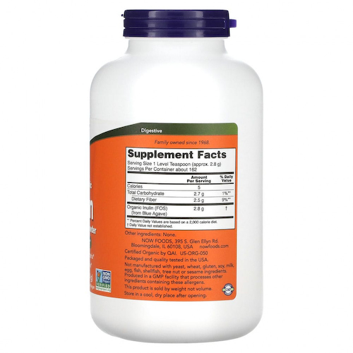NOW Foods, сертифицированный органический инулин, порошок из чистого пребиотика, 454 г (1 фунт) #1