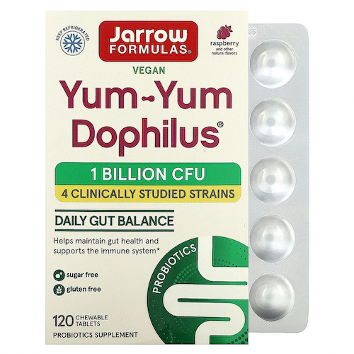 Jarrow Formulas, Yum-Yum Dophilus, без сахара, с натуральным ароматизатором со вкусом малины, 120 жевательных таблеток #1
