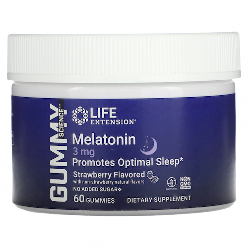 Life Extension, Gummy Science, мелатонин, клубника, 3 мг, 60 жевательных таблеток #1