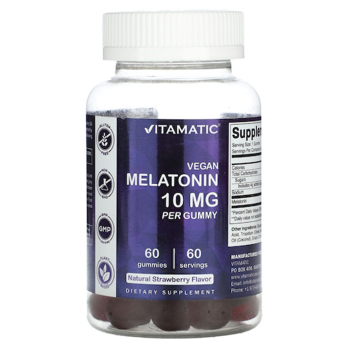 Vitamatic, Веганский мелатонин, натуральная клубника, 10 мг, 60 жевательных таблеток #1