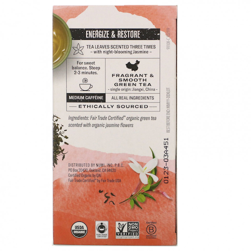 Numi Tea, Органический зеленый чай, зеленый жасмин, 18 чайных пакетиков, 1,27 унции (36 г) #1