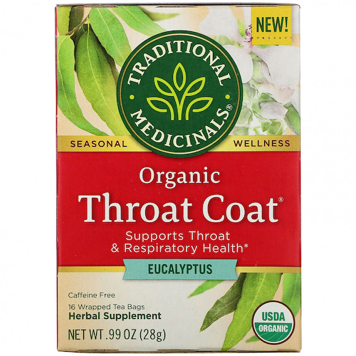 Traditional Medicinals, Organic Throat Coat, эвкалипт, без кофеина, 16 чайных пакетиков в упаковке, 28 г (0,99 унции) #1