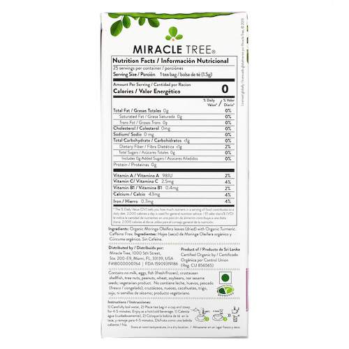 Miracle Tree, Moringa Organic Superfood Tea, Куркума, без кофеина, 25 чайных пакетиков, 1,32 унции (37,5 г) #1