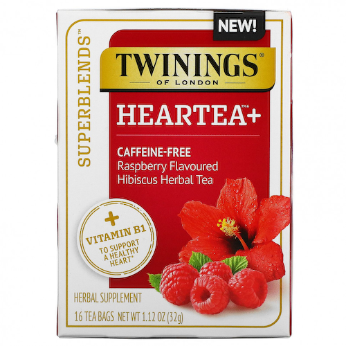 Twinings, Superblends, Heartea с витамином B1, малина, травяной чай из гибискуса, без кофеина, 16 чайных пакетиков, 32 г (1,12 унции) #1