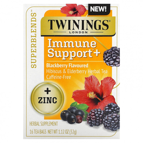 Twinings, Superblends, Immune Support, травяной чай из гибискуса и бузины, ежевика, без кофеина, 16 чайных пакетиков, 32 г (1,12 унции) #1