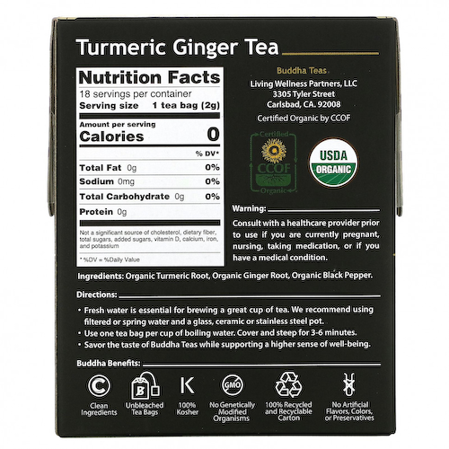 Buddha Teas, Органический травяной чай, турмериновый имбирь, 18 чайных пакетиков, 1,27 унции (36 г) #1