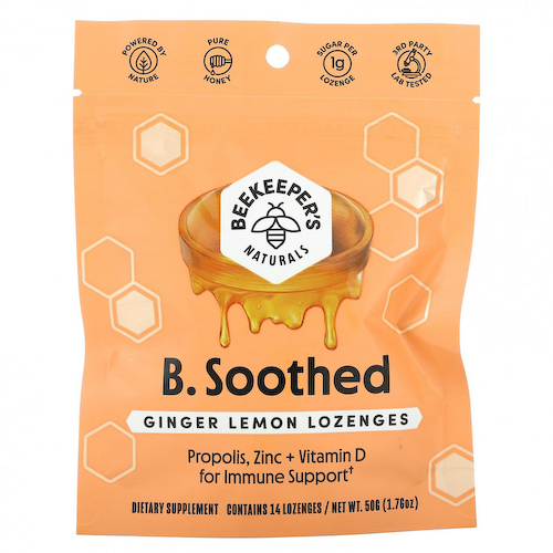 Beekeeper's Naturals, B.Soothed, леденцы с имбирем и лимоном`` 14 леденцов #1