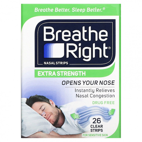 Breathe Right, Полоски для носа, усиленная, для чувствительной кожи, 26 прозрачных полосок #1