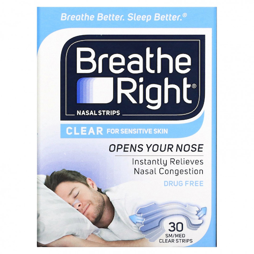 Breathe Right, Полоски для носа, средние / средние, прозрачные, 30 шт. #1