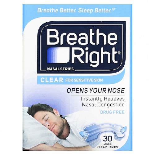 Breathe Right, Полоски для носа, прозрачные для чувствительной кожи, большие, 30 прозрачных полосок #1