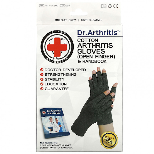 Doctor Arthritis, Хлопковые перчатки и руководство по лечению артрита с открытыми пальцами, размер X-Small, серые, 1 пара #1
