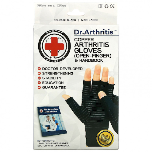 Doctor Arthritis, Медные перчатки и справочник для больных артритом с открытыми пальцами, большие, черные, 1 пара #1