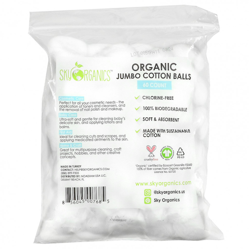 Sky Organics, Органические ватные шарики Jumbo, 60 штук #1