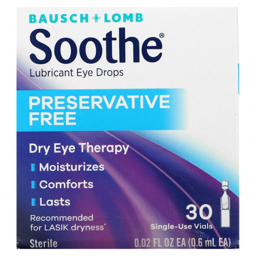Bausch + Lomb, Soothe, смазывающие глазные капли, без консервантов, 30 одноразовых флаконов, по 0,6 мл (0,02 жидк. Унции) каждый #1