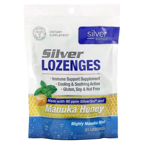 American Biotech Labs, Silver Biotics, серебряные пастилки, 60 частей на млн SilverSol, мощная манука и мята, 21 пастилок #1