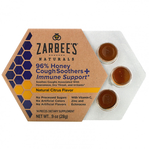 Zarbee's, 96% медовое успокаивающее средство от кашля + поддержка иммунитета, натуральный цитрусовый вкус, 14 шт. #1