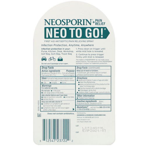 Neosporin, + Обезболивающее средство Neo To Go!, Антисептический обезболивающий спрей для оказания первой помощи, 7,7 мл #1