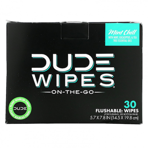 Dude Products, Wipes, On The-Go, смываемые салфетки, с мятой, 30 салфеток в индивидуальной упаковке (5,7 x 7,8 дюйма) каждая #1