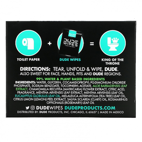 Dude Products, Wipes, On The-Go, смываемые салфетки, с мятой, 30 салфеток в индивидуальной упаковке (5,7 x 7,8 дюйма) каждая #1