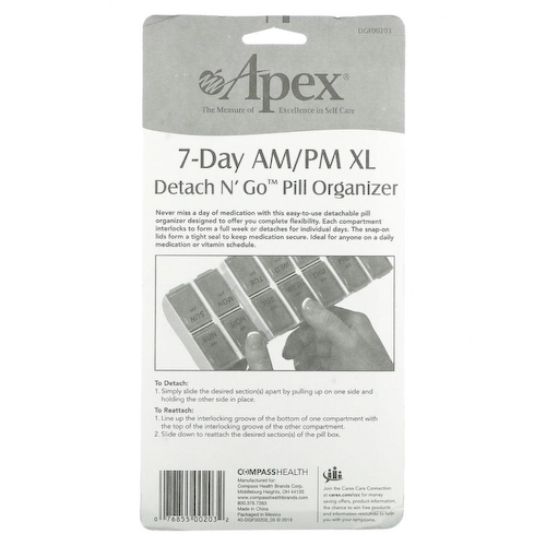 Apex, Detach N' Go Pill Organizer, 7-дневный органайзер для таблеток с учетом приема 2 раза в день, размер XL, 1 шт. #1