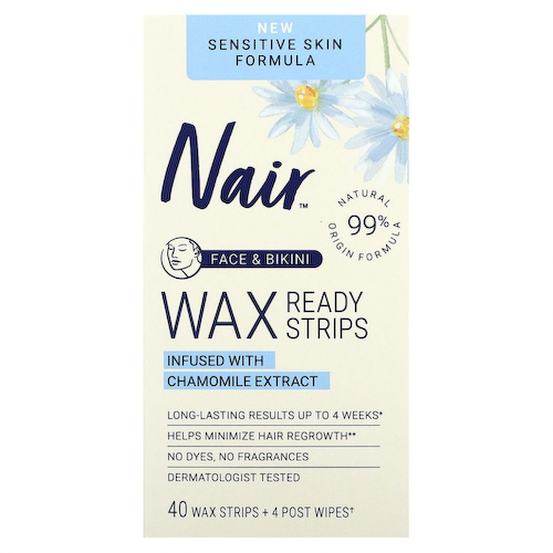 Nair, Восковые полоски, для лица и бикини, 40 восковых полосок + 4 салфетки после нанесения #1