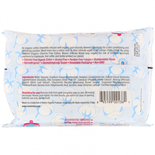 Maxim Hygiene Products, Влажные салфетки для интимной гигиены, из органического хлопка, 20 шт. #1