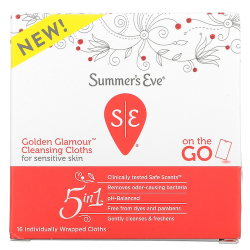 Summer's Eve, Очищающие салфетки 5 в 1 Golden Glamour, для использования в дороге, 16 салфеток в индивидуальной упаковке #1