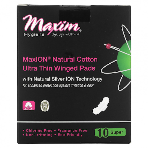 Maxim Hygiene Products, MaxION, натуральный хлопок, ультратонкие подушечки с крыльями, супер, 10 подушечек #1