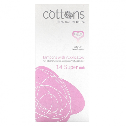Cottons, 100% натуральный хлопок, тампоны с аппликатором, супер, 14 тампонов #1