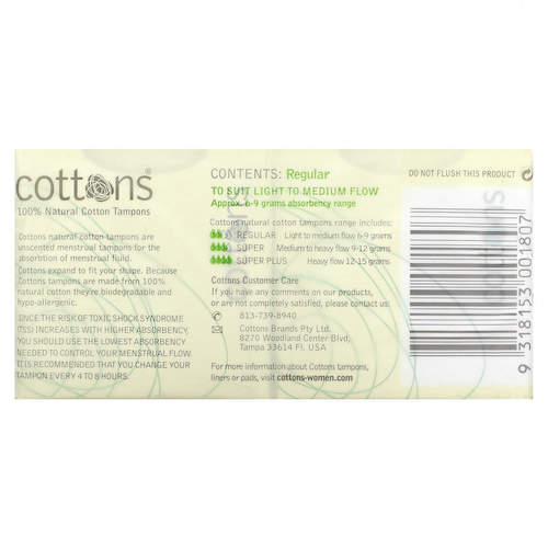 Cottons, Тампоны из 100% натурального хлопка, обычные, без запаха, 16 тампонов #1
