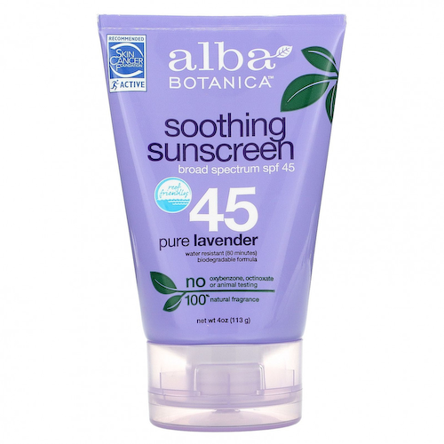 Alba Botanica, успокаивающий солнцезащитный крем, солнцезащитный фактор SPF 45, чистая лаванда, 113 г (4 унции) #1