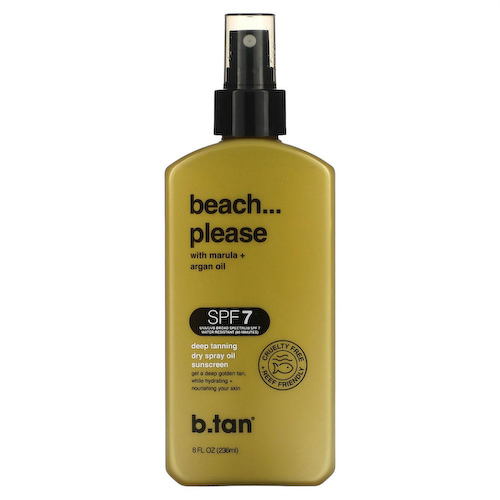 b.tan, Beach Please with Marula + Argan Oil, солнцезащитное масло-спрей для глубокого загара, SPF 7, 236 мл (8 жидк. Унций) #1