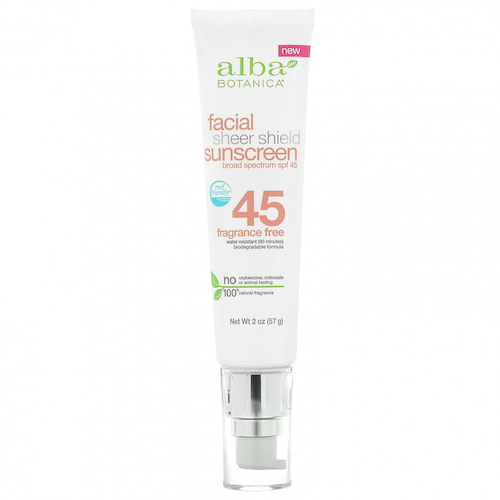 Alba Botanica, Sheer Shield, солнцезащитное средство для лица, SPF 45, без отдушек, 57 г (2 унции) #1