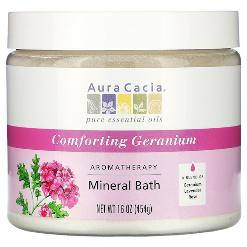 Aura Cacia, Ароматерапевтическое средство для ванны с минералами, успокаивающая герань, 16 унций (454 г) #1