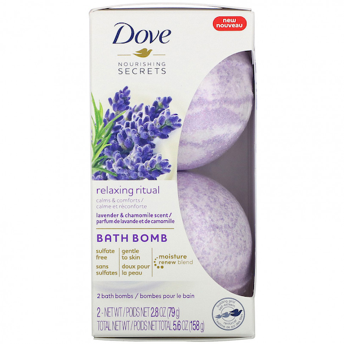 Dove, Nourishing Secrets, Бомбочки для ванн, аромат лаванды и ромашки, 2 бомбы для ванн, 2,8 унции (79 г) каждая #1