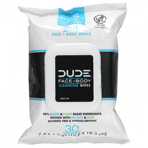 Dude Products, Очищающие салфетки для лица и тела, без отдушек, 30 салфеток #1