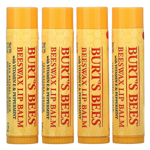 Burt's Bees, Бальзам для губ с пчелиным воском, с витамином E и перечной мятой, 4 шт. В упаковке, по 4,25 г (0,15 унции) #1