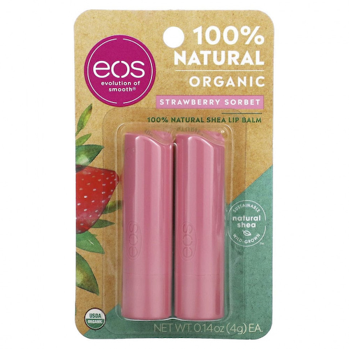 EOS, 100% органический натуральный бальзам для губ с маслом ши, клубничный сорбет, 2 шт. в упаковке, 4 г (0,14 унции) #1