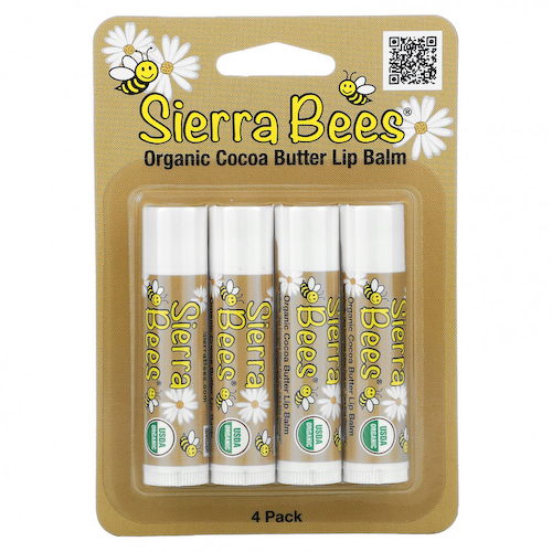 Sierra Bees, Органические бальзамы для губ, какао-масло, 4 штуки в упаковке весом 0,15 унции (4,25 г) каждая #1