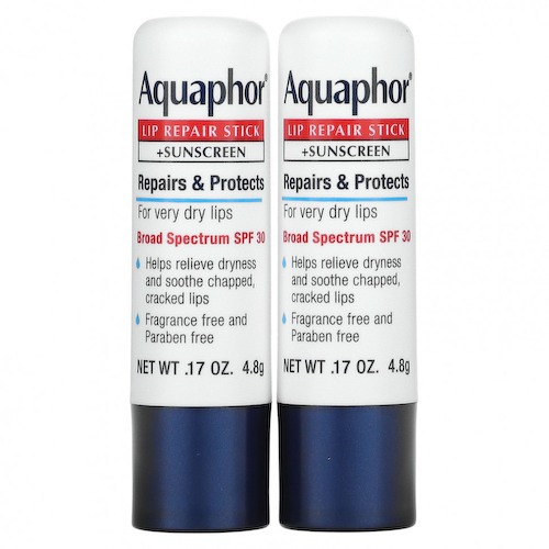 Aquaphor, Восстанавливающий стик для губ + солнцезащитный крем, SPF 30, без отдушек, двойной пакет, 2 стика по 4,8 г (0,17 унции) #1