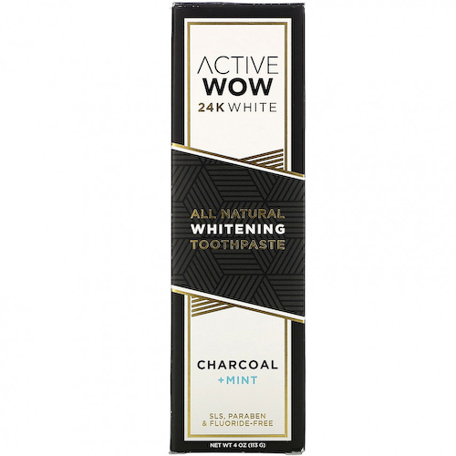 Active Wow, 24K White, полностью натуральная отбеливающая зубная паста, древесный уголь и мята, 113 г (4 унции) #1