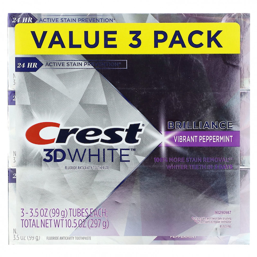 Crest, 3D White, Brilliance, зубная паста с фтором, яркая перечная мята, 3 пакетика по 99 г (3,5 унции) #1