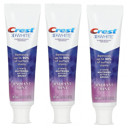 Crest, 3D White, зубная паста против кариеса с фтором, сияющая мята, 3 шт. В упаковке, 107 г (3,8 унции) #1