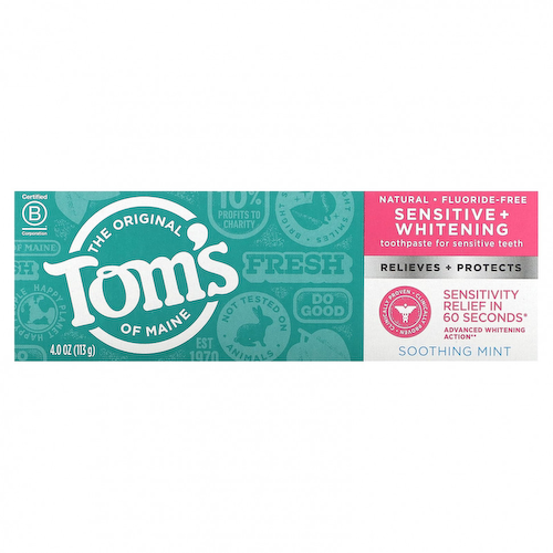 Tom's of Maine, Отбеливающая зубная паста для чувствительных зубов, без фтора, с успокаивающей мятой, 113 г (4 унции) #1